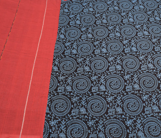 Sushila Vintage Red Handloom Saree 100%Pure Cotton Warli Art Printed Sari Fabric