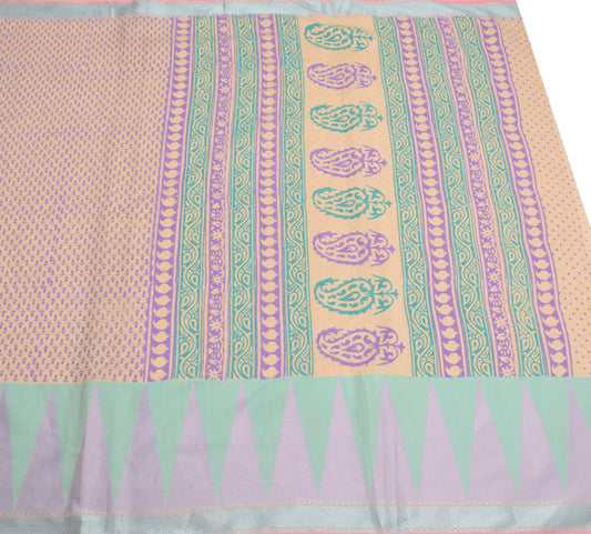 Sushila Vintage Light Brown Saree Pure Cotton Silk Hand Block Print Sari Fabric