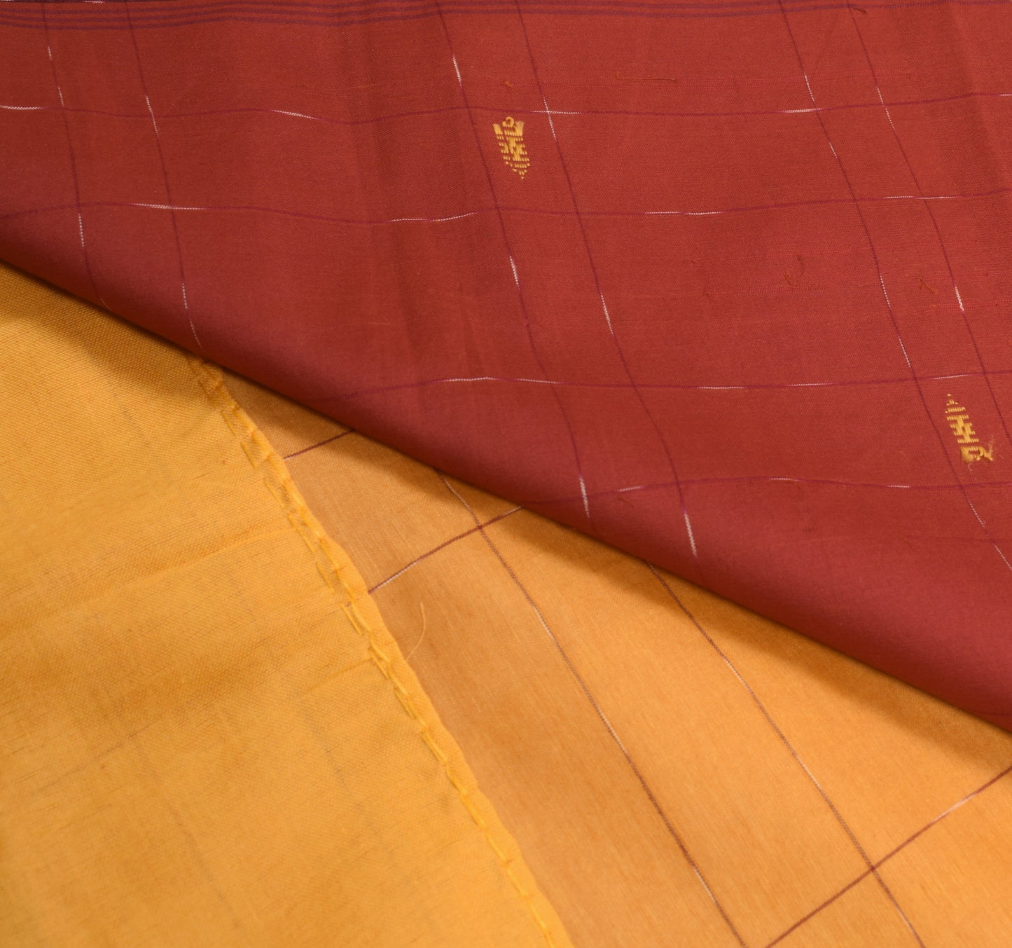 Sushila Vintage Mustard Maroon Saree Cotton Silk Checks Woven Handloom Sari