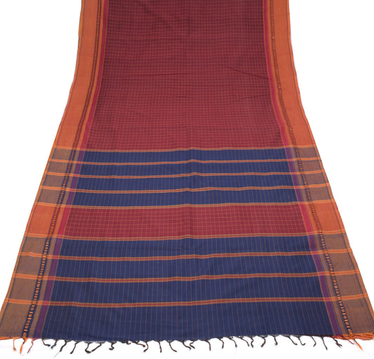 Sushila Vintage Maroon Saree Pure Cotton Silk Kanchipuram Checks Sari Fabric
