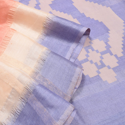 Sushila Vintage Peach & Blue Saree Hand Woven Pure Tussar Silk 6Yard Sari Fabric