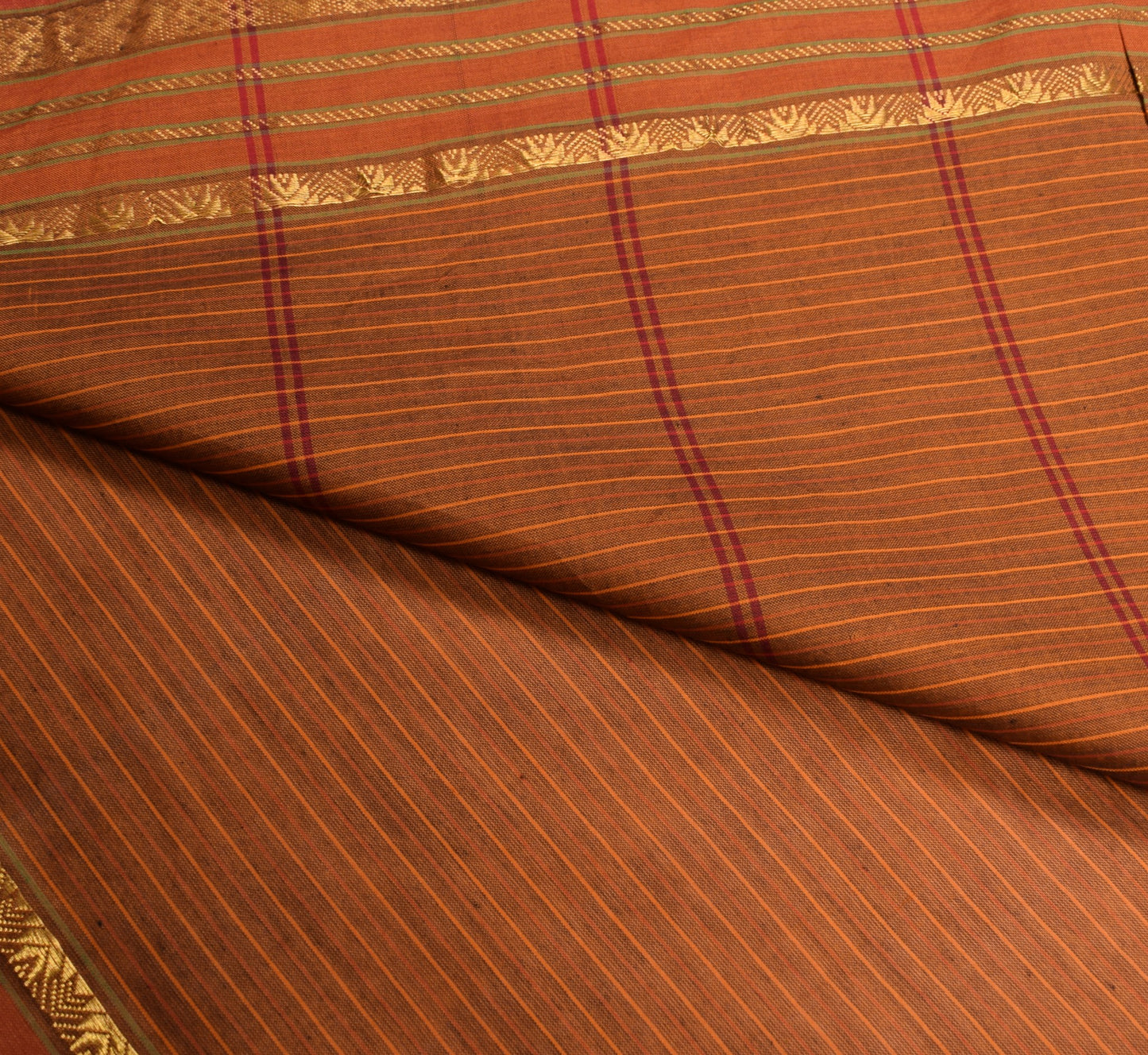 Sushila Vintage Maroon Kanchipuram Saree Pure Cotton Stripe Zari Border Sari