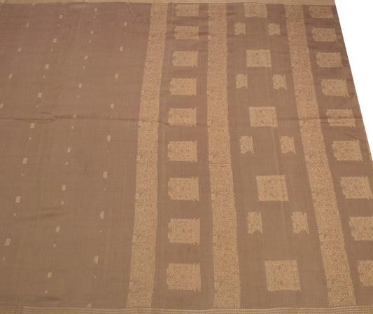 Sushila Vintage Brown Hand Woven Saree 100% Pure Cotton Floral Sari Craft Fabric