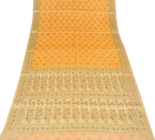 Sushila Vintage Yellow Floral Saree All Over Woven Pure Tussar Silk Sari Fabric