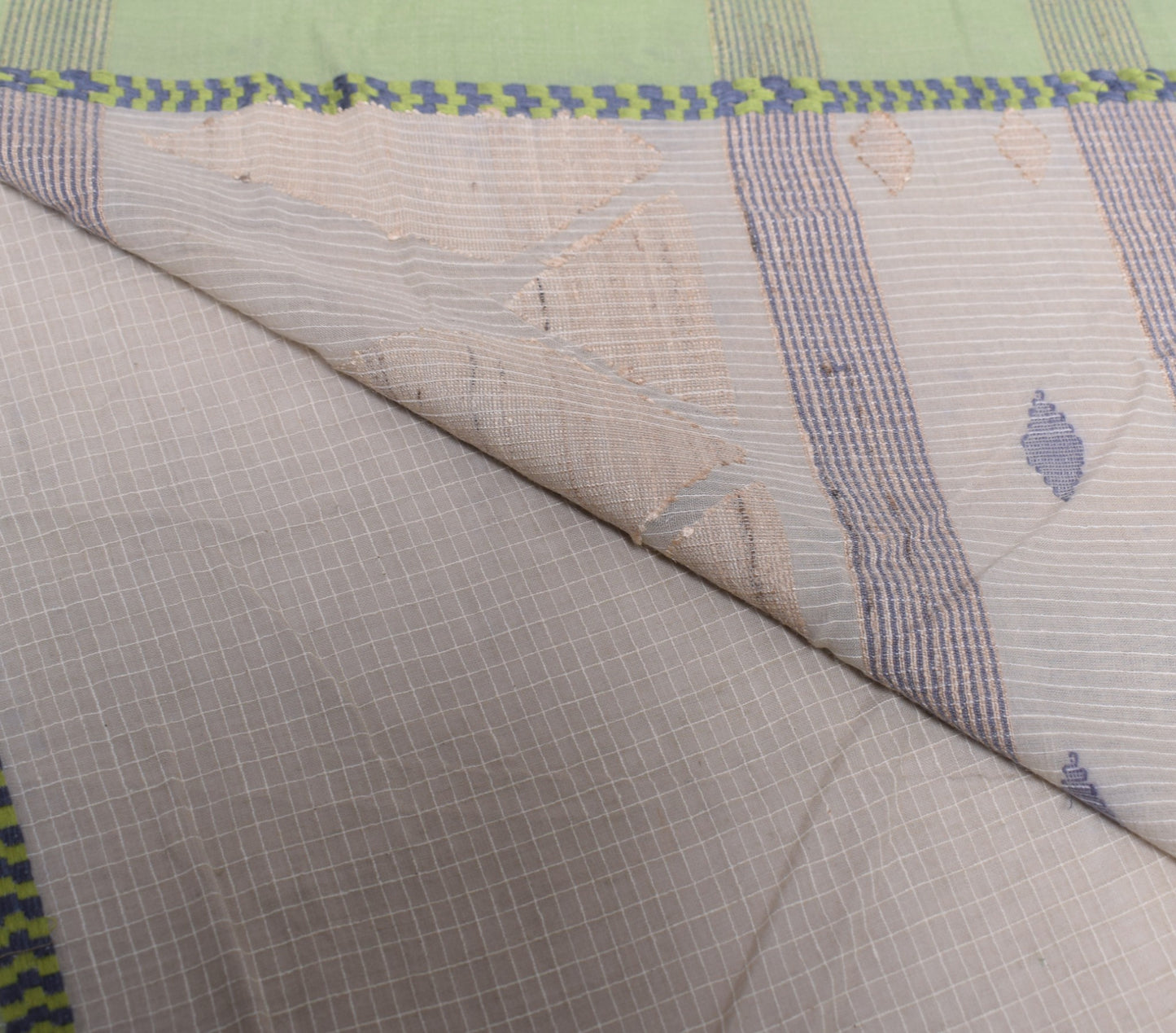 Sushila Vintage Handwoven Gray Saree Light Green Border Pure Cotton Sari Fabric