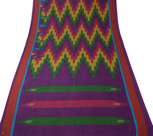 Sushila Vintage Multi-Color Saree Zig-zag Hand woven 100%Pure Cotton Sari Fabric