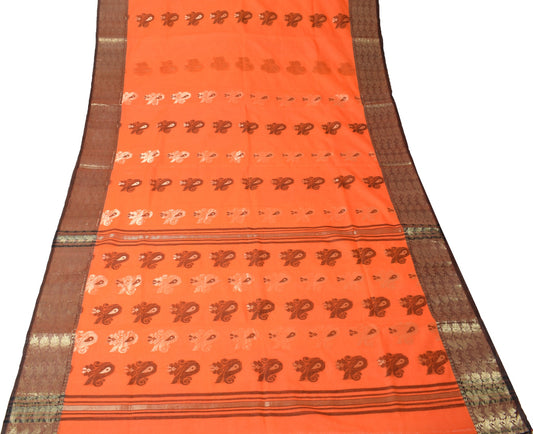 Sushila Vintage Orange Saree Pure Cotton Bengal Tant Woven Handloom Sari Fabric