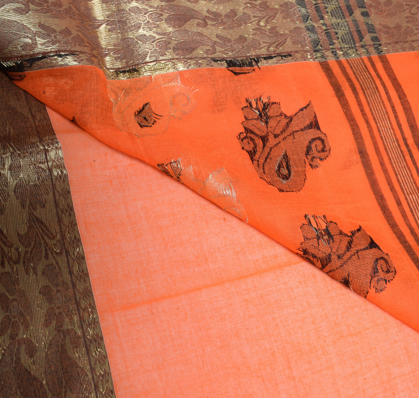 Sushila Vintage Orange Saree Pure Cotton Bengal Tant Woven Handloom Sari Fabric