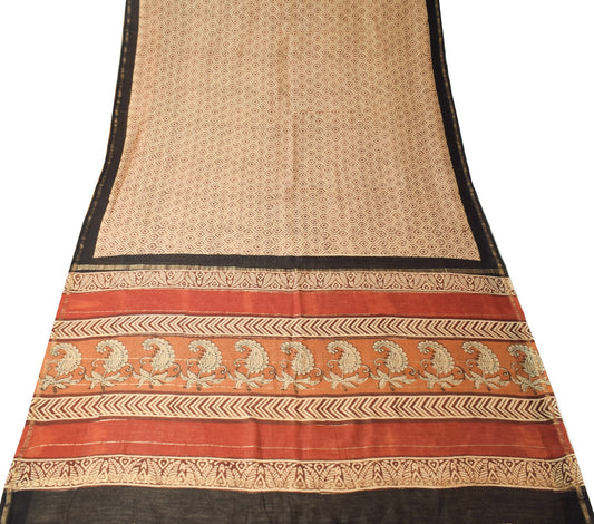 Sushila Vintage Pure Cotton Silk Saree Hand Black Printed Brown 5YD Sari Fabric