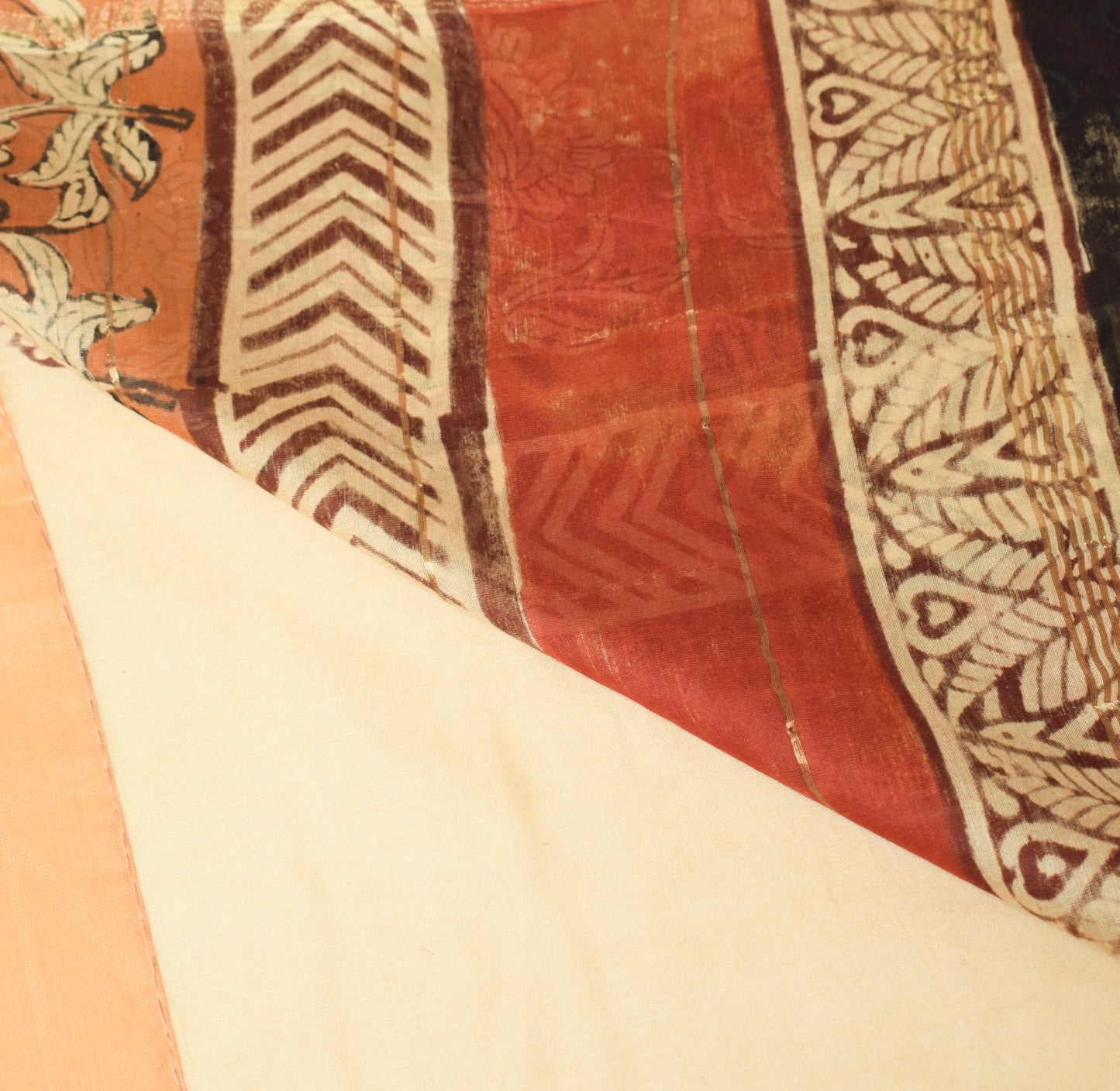 Sushila Vintage Pure Cotton Silk Saree Hand Black Printed Brown 5YD Sari Fabric