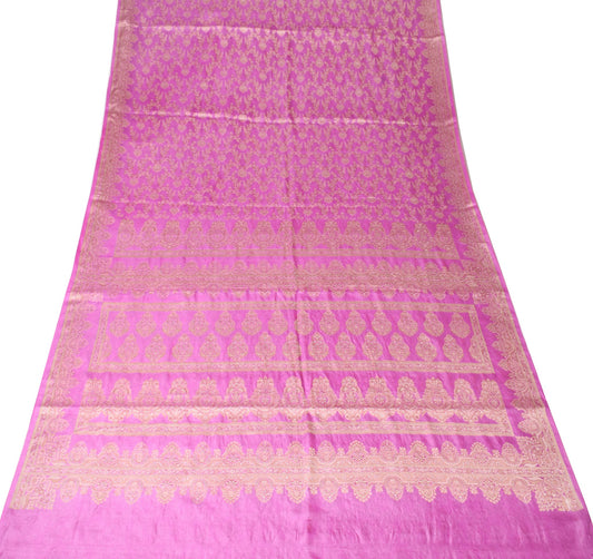 Sushila Vintage Fuchsia Pink Saree Pure Tussar Silk Floral Woven Sari Fabric