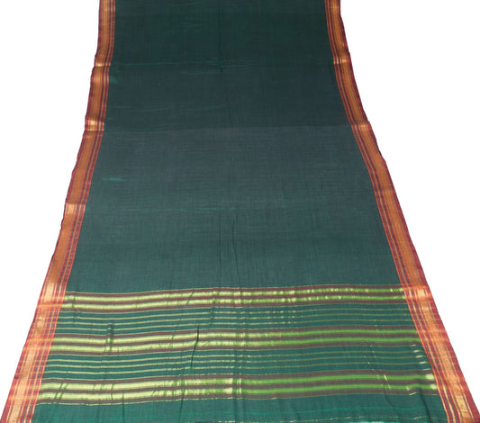 Sushila Vintage Dark Green Saree with Maroon Woven Border PureCotton Sari Fabric