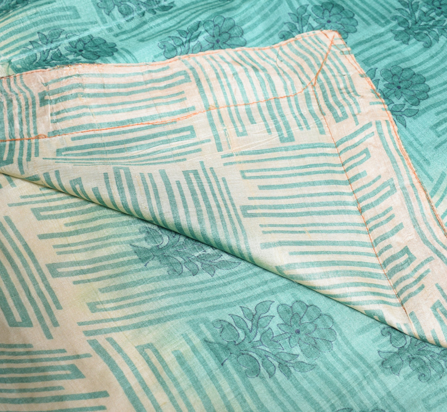 Sushila Vintage Teal Green Saree Pure Tusser Silk Patch Work & Print Sari Fabric