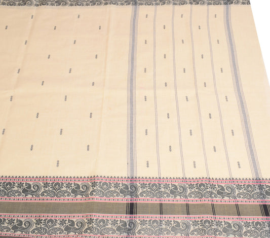 Sushila Vintage Cream Handloom Saree Chettinad Pure Cotton Sari Fabric