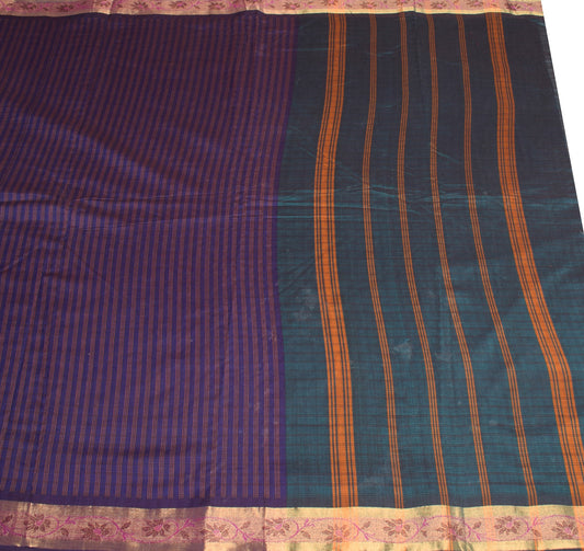 Sushila Vintage Blue Stripes Saree Pure Cotton Silk Handloom Woven Sari Fabric
