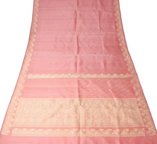 Sushila Vintage Salmon Pink Saree 100% Pure Silk Woven Zari Brocade Sari Fabric