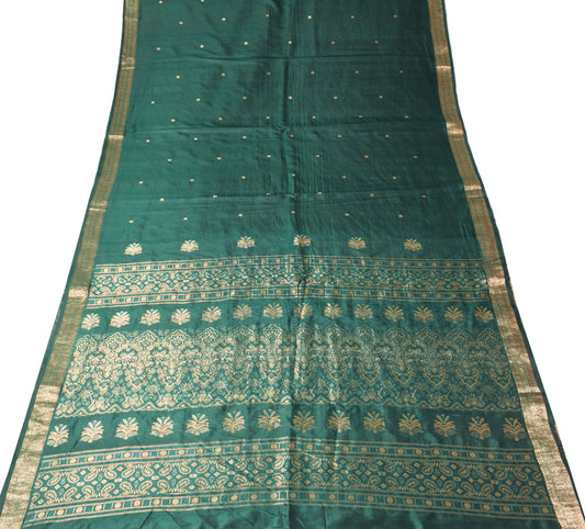 Sushila Vintage Dark Green Saree Banarasi Woven Brocade Pure Silk Sari Fabric