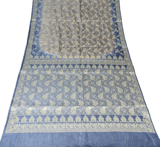 Sushila Vintage Floral Gray Saree Pure Tussar Silk Woven 6Yard Sari Craft Fabric