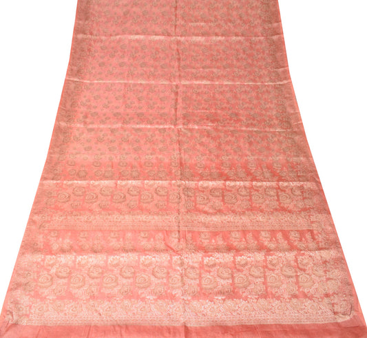Sushila Vintage Salmon pink Saree Floral Woven Pure Tussar Silk 5Yd Sari Fabric