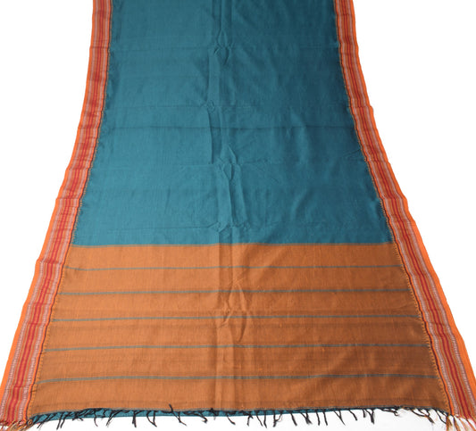 Sushila Vintage Teal Blue Saree Pure Cotton Woven Rudraksh Border Sari Fabric