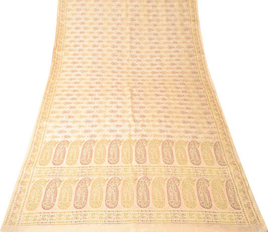 Sushila Vintage HEAVY Cream Saree Pure Tussar Silk Paisley Woven 5YD Sari Fabric