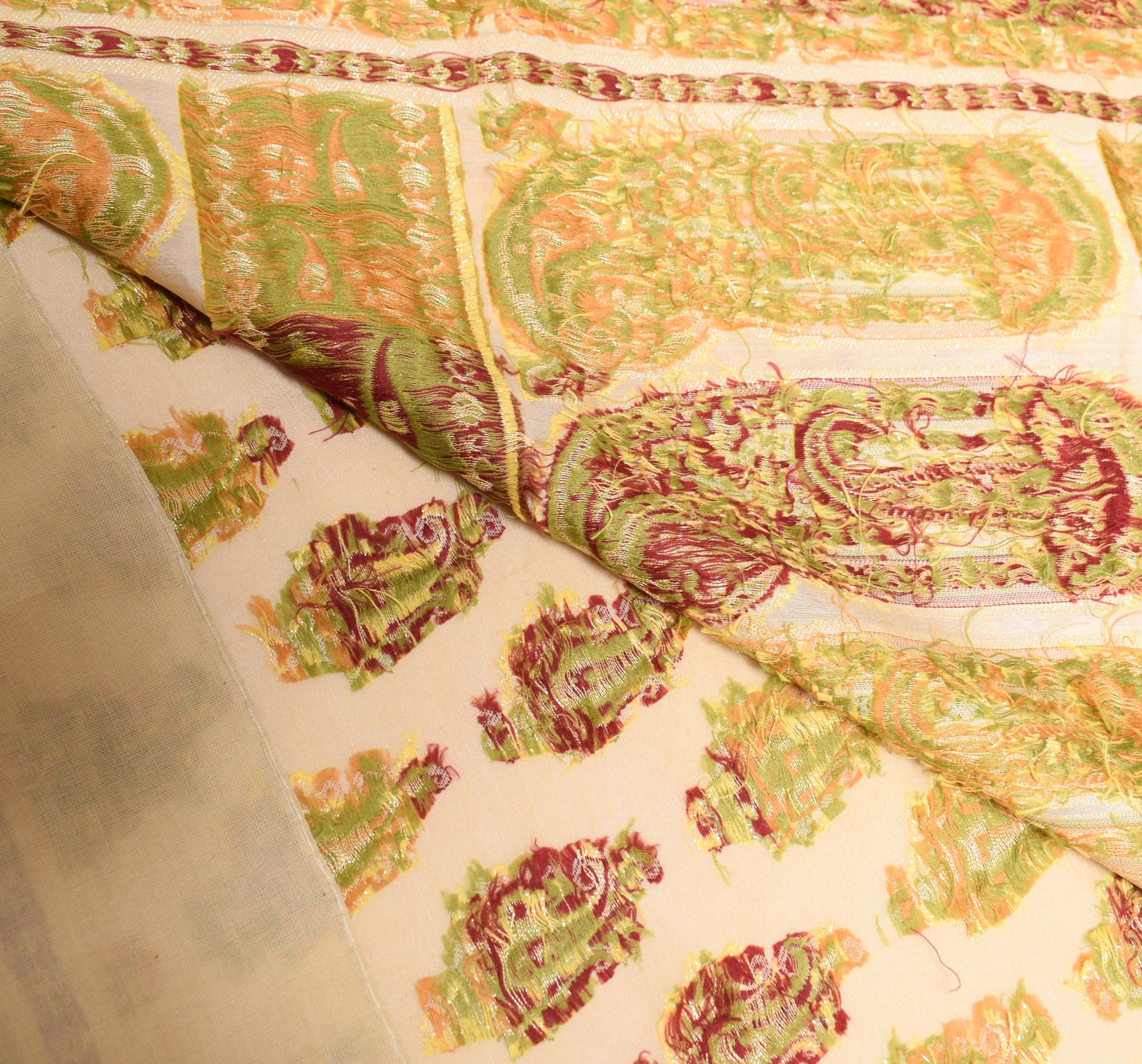 Sushila Vintage HEAVY Cream Saree Pure Tussar Silk Paisley Woven 5YD Sari Fabric