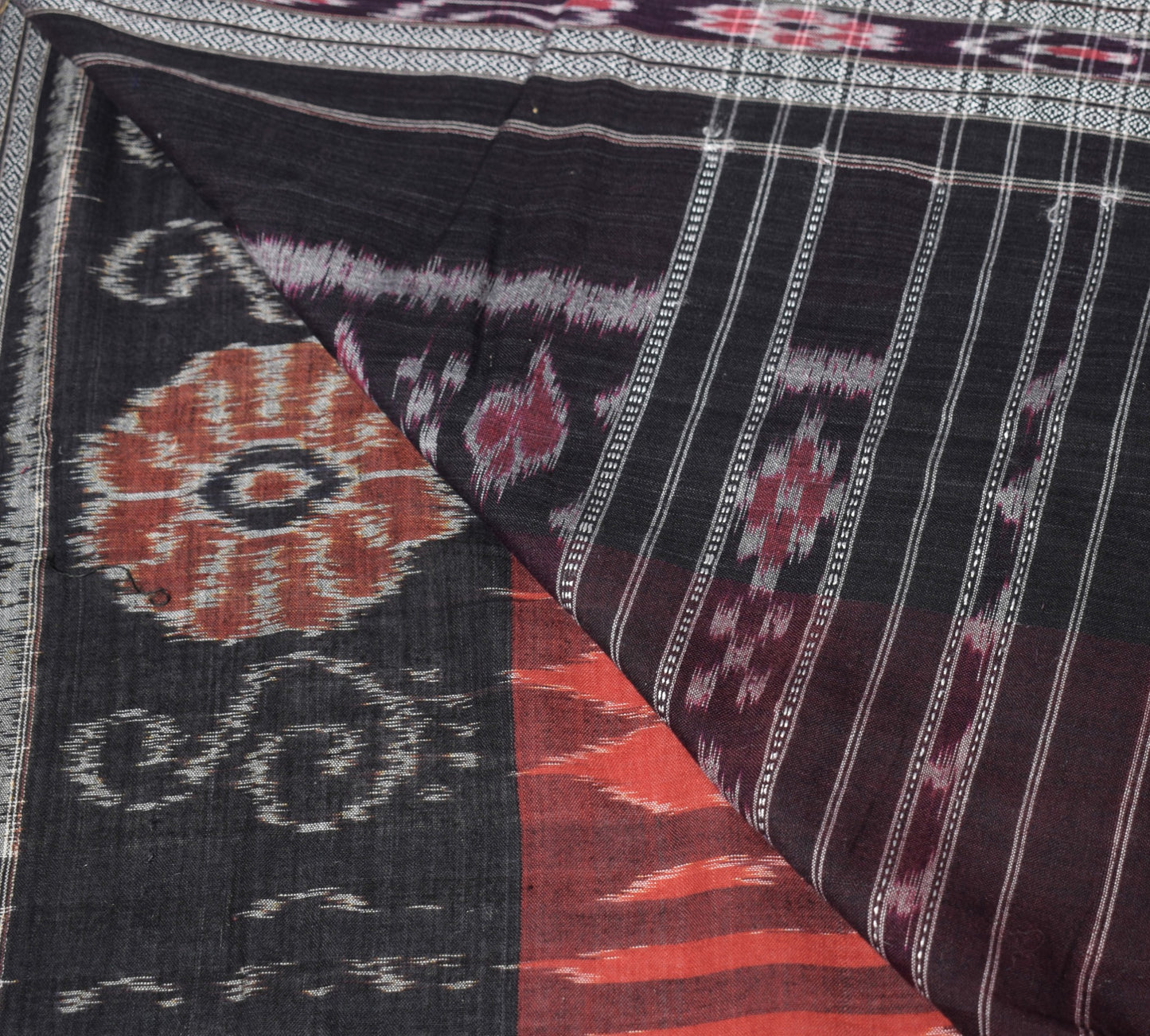 Sushila Vintage Brown Saree Sambalpuri Handloom Ikat Pure Cotton 5YD Sari Fabric