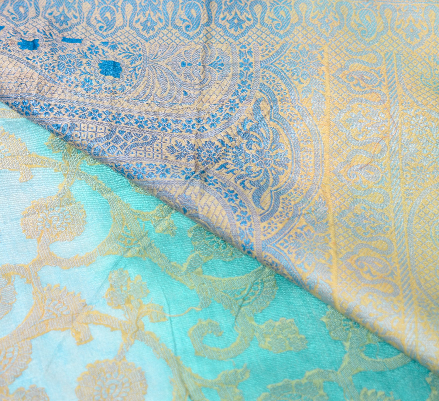 Sushila Vintage Teal Blue Saree All Over Woven Pure Tussar Silk Used Sari Fabric