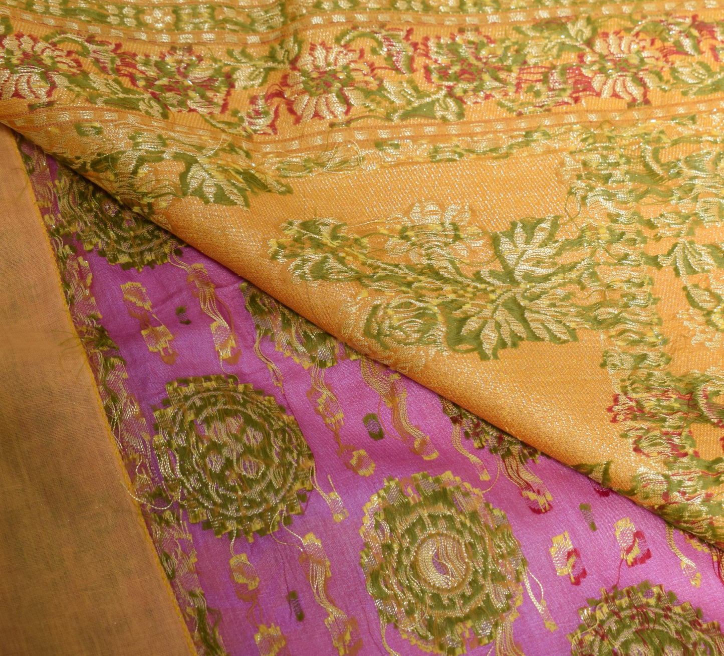Sushila Vintage Pure Tussar Silk Saree Floral Woven Pink Mustard 5YD Sari Fabric