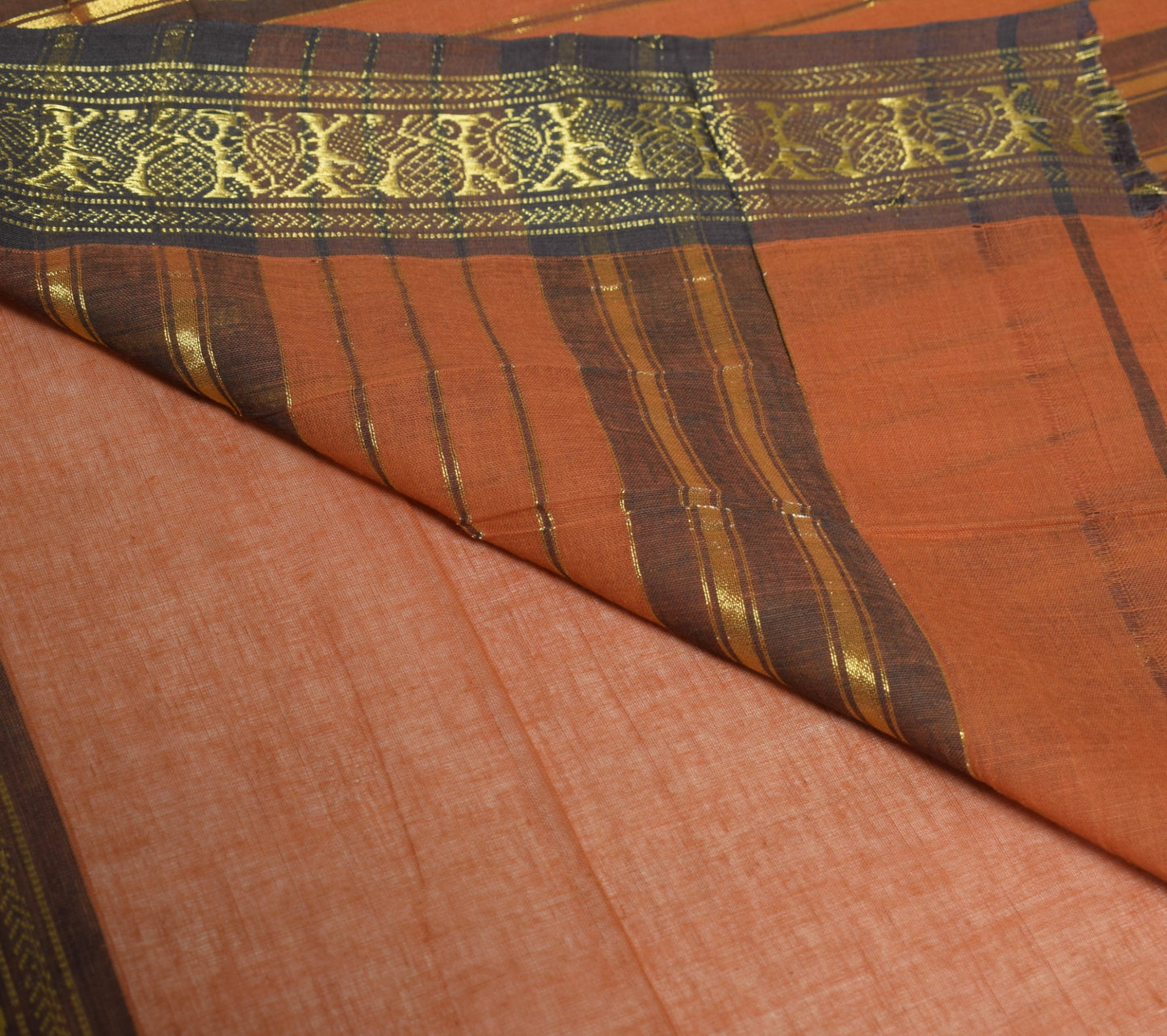 Sushila Vintage Brown Saree Gold Zari Woven Pure Cotton Chettind Sari 4YD Fabric