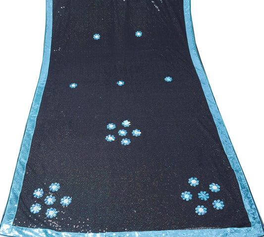 Sushila Vintage Bollywood Black Saree Sequins Embellish Georgette Sari Fabric