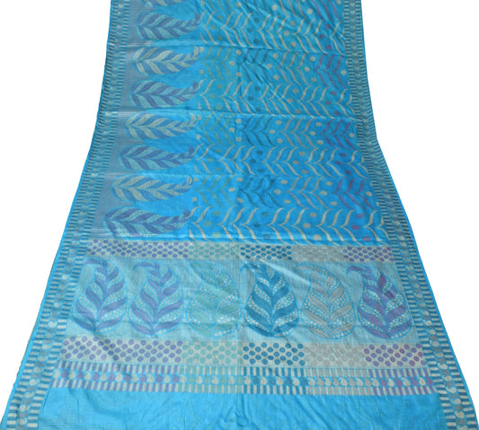Sushila Vintage Turquoise Blue Saree Pure Tussar Silk Woven Floral Sari Fabric