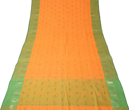 Sushila Vintage Orange Handloom Saree Pure Cotton Floral Woven Sari Craft Fabric