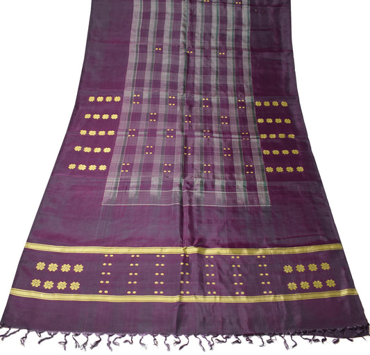 Sushila Vintage Handwoven Indian Saree Pure Silk Purple Floral Check Sari Fabric