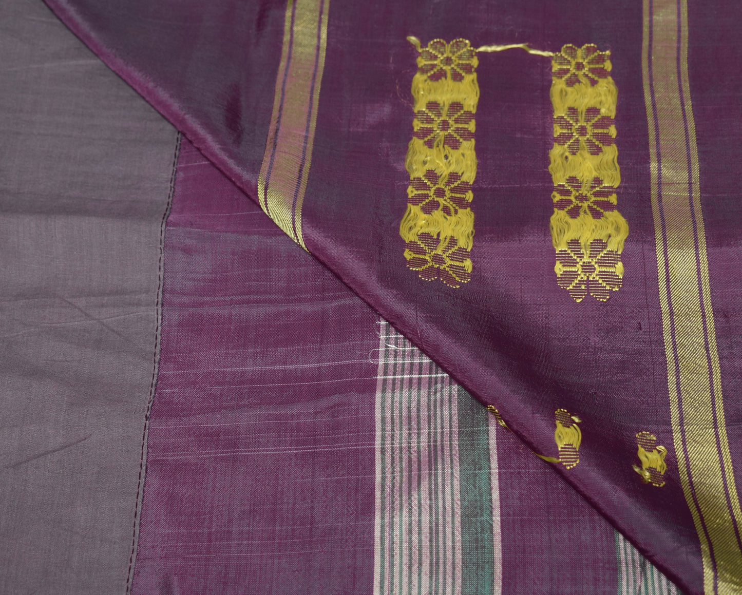 Sushila Vintage Handwoven Indian Saree Pure Silk Purple Floral Check Sari Fabric