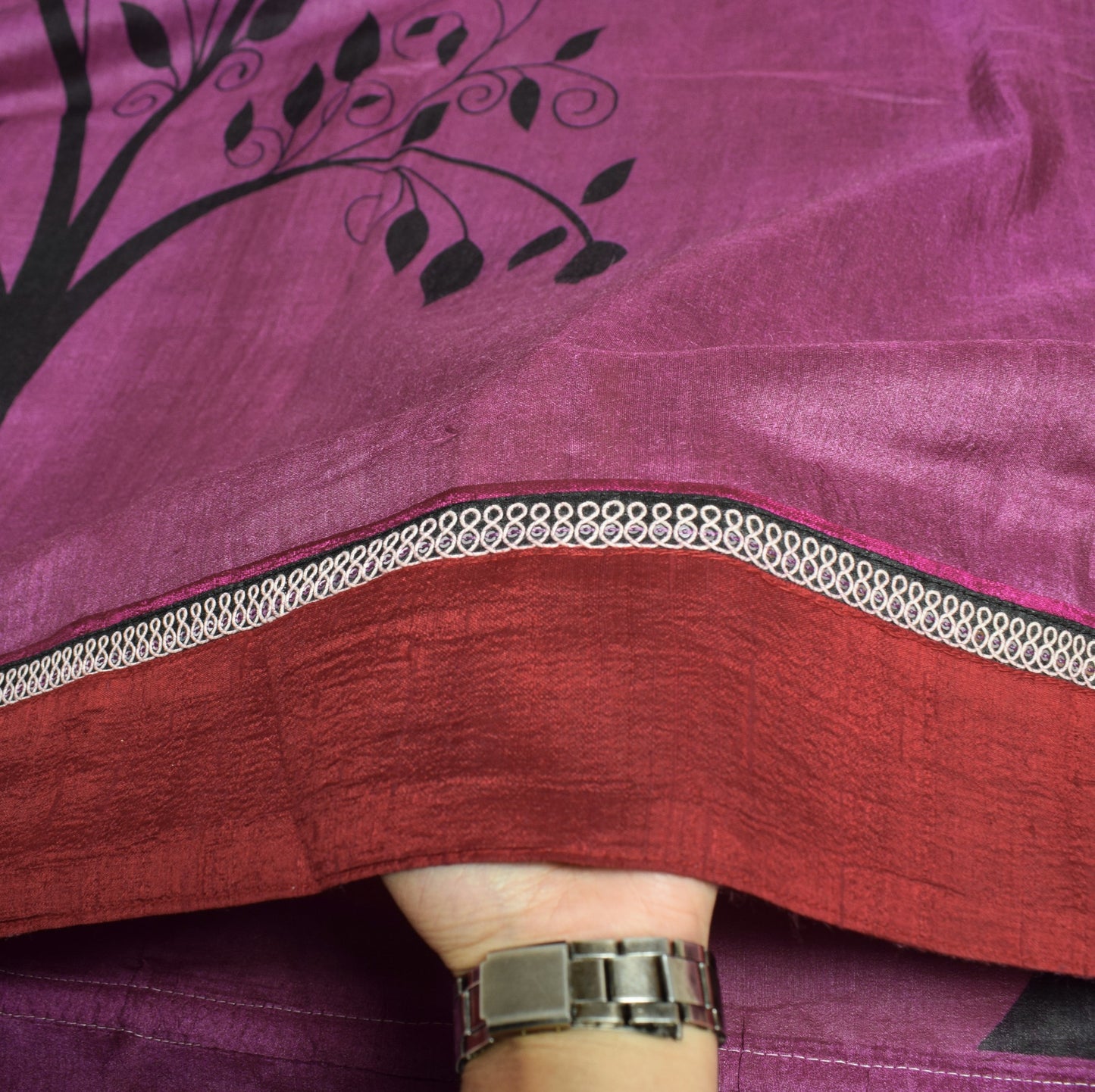 Sushila Vintage Purple Saree Pure Cotton Trees Printed Patch Border Sari Fabric