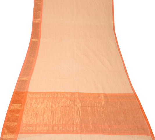 Sushila Vintage Peach Pure Cotton Saree Orange Brocade Border Pallu Sari Fabric