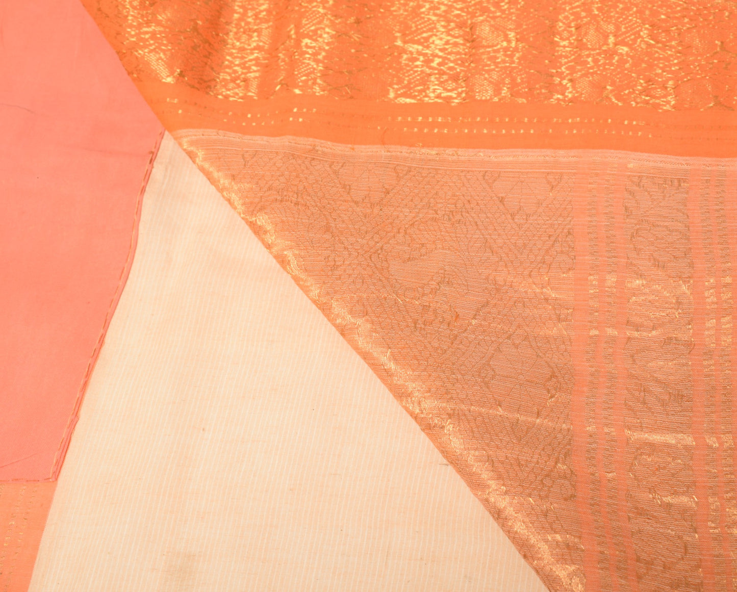 Sushila Vintage Peach Pure Cotton Saree Orange Brocade Border Pallu Sari Fabric