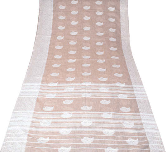 Sushila Vintage Brown & White Saree Art Cotton Paisley Woven 6 Yard Sari Fabric