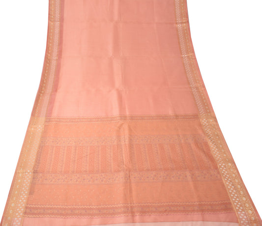 Sushila Vintage Peach Saree Pure Silk Stripes Woven Zari Border Sari CraftFabric