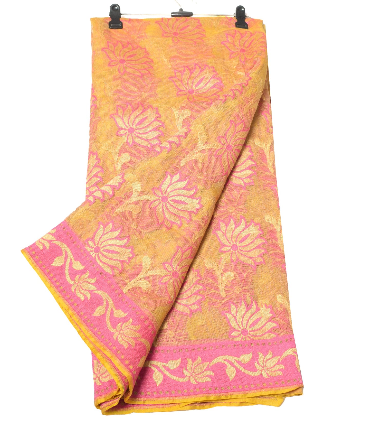Sushila Vintage Yellow & Pink Sari Bengal handloom Jamdani Art Silk Saree Fabric