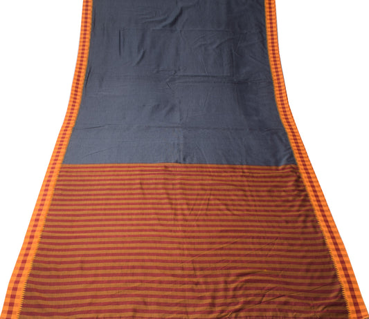 Sushila Vintage Dharwad Cotton Saree Plain Body Checks Border Gray Sari Fabric