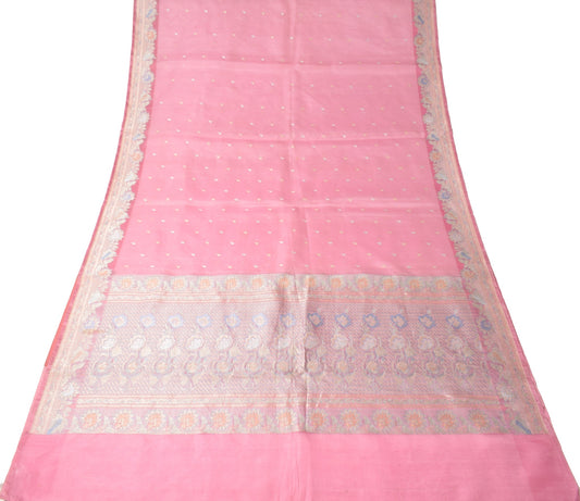 Sushila Vintage Pure Organza Silk Saree Gold Silver Brocade Feather Pink Sari