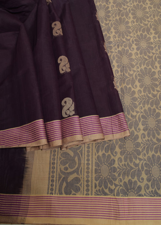 Sushila Vintage Floral Woven Saree Stripes Border Pure Cotton Purple Sari Fabric