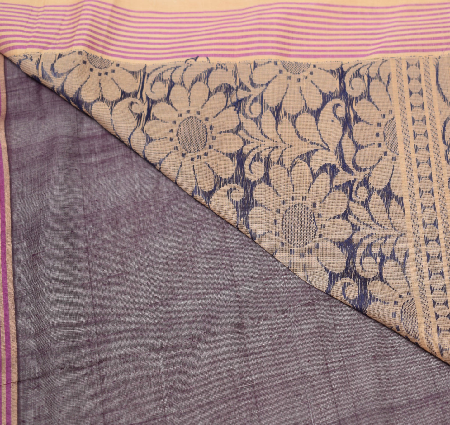 Sushila Vintage Floral Woven Saree Stripes Border Pure Cotton Purple Sari Fabric
