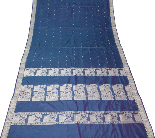 Sushila Vintage Handwoven Baluchari Saree Pure Silk Blue Soft 6 Yard Sari Fabric