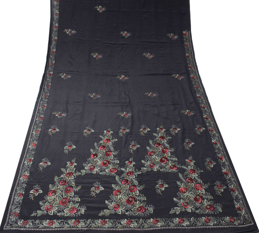 Sushila Vintage HEAVY Black Saree Pure Crepe Silk Hand Embroidered Sari Fabric