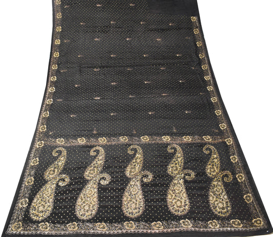 Sushila Vintage Zardozi Aari Work Saree Pure Silk Black HEAVY Sari Craft Fabric