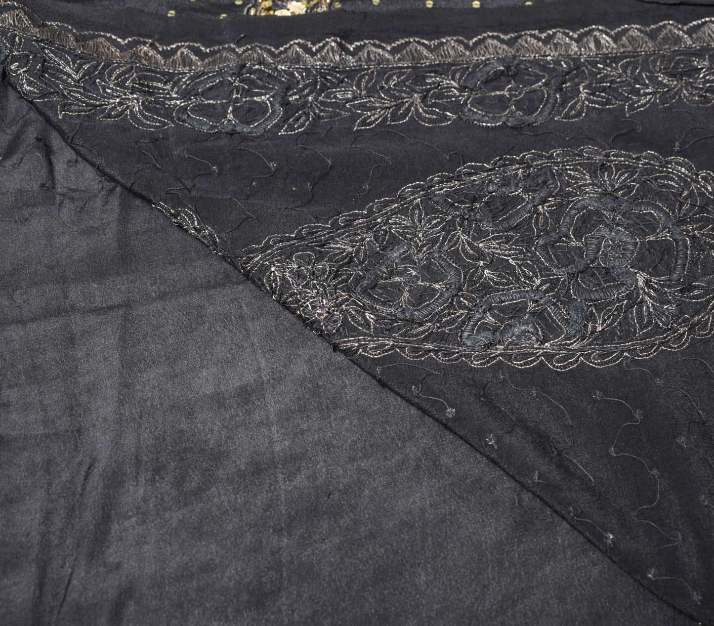 Sushila Vintage Zardozi Aari Work Saree Pure Silk Black HEAVY Sari Craft Fabric