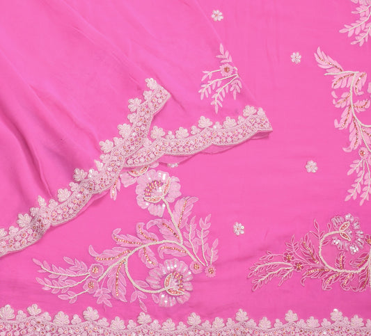 Sushila Vintage Pearls Embellish Saree Pure Georgette Pink Floral Sari Fabric